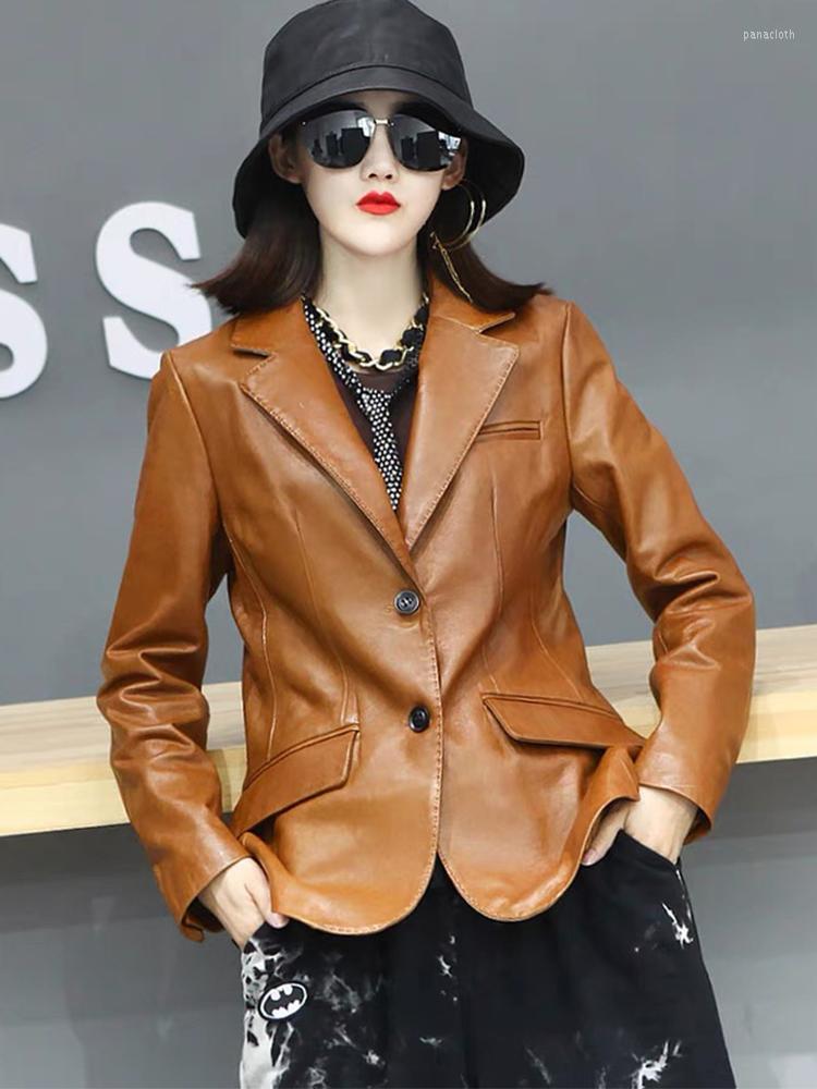 

Women's Leather High Quality Spring Autumn Office Lady Thin Real Sheepskin Women Slim Genuine Coat, Yellow