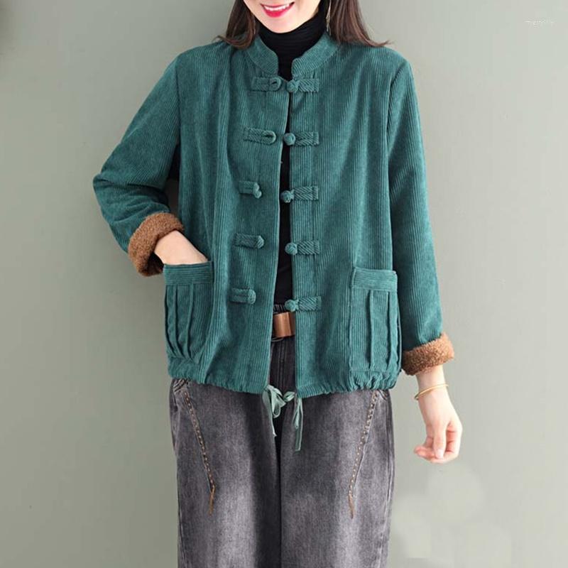 

Ethnic Clothing 2022 Chinese Style Women Stand Shirts Button Corduroy Autumn Blouses Solid Color Drawstring Vintage Jacket Top 11761