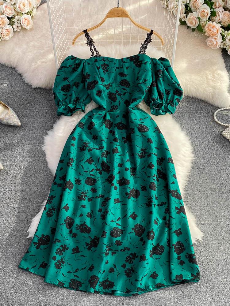 

Casual Dresses Summer Vintage Slash Neck Off Shoulder Printed Dress Elegant Puff Short Sleeve High Waist A-Line Spaghetti Strap Vestidos, Orange