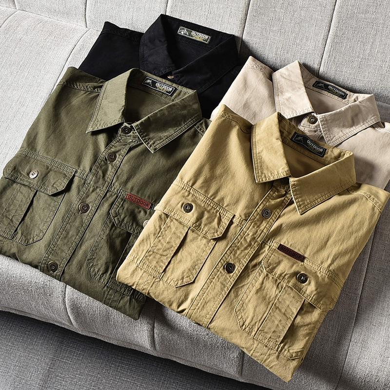 

Men's Casual Shirts Top Quality Men's Tooling Cotton Spring Autumn Long Sleeves Pocket Cardigan Tops, Light khaki