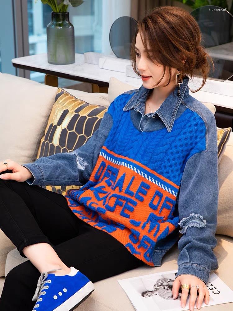 

Women's Sweaters Ladies Autumn And Winter Sweater Fake Two-piece Denim Shirt Stitching Female Foreign Style Hole Loose Lazy Wind Top, Blue