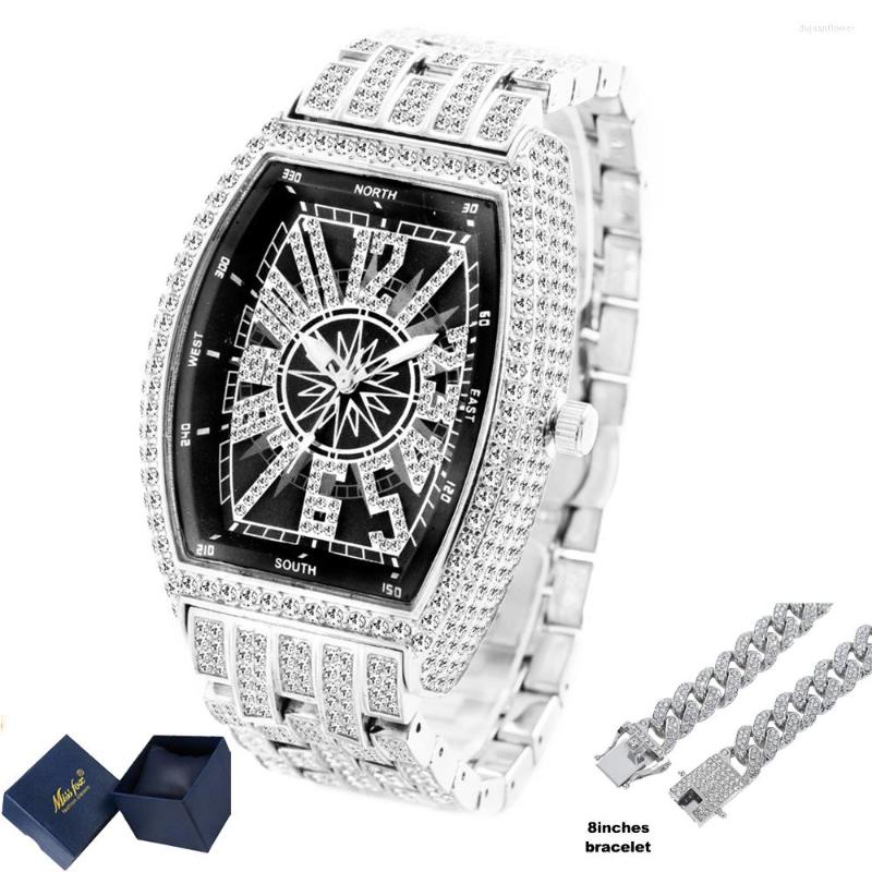 

Wristwatches Hip Hop Iced Out Cuban Chain Set Watch For Men Bling Diamonds Mens Watches Quartz Wristwatch Man Silver Gold Relogio Masculino