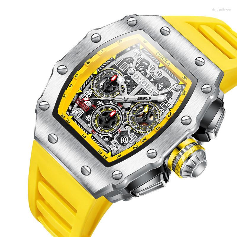 

Wristwatches The Tonneau Multifunction Men Mechanical Hollow Out Dial Watches Silicone Band Fashion Casual Quartz Watch Relogio Masculino, Black