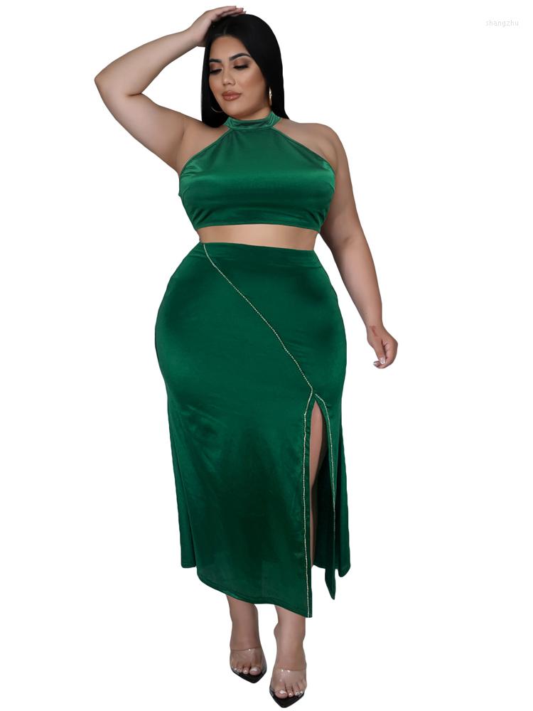 

Work Dresses Women Two Piece Skirts Sets Halter Sleeveless Crop Tops Outfits Summer Solid Fashion Street Style Sexy Long Skirt Suit 2022, Green