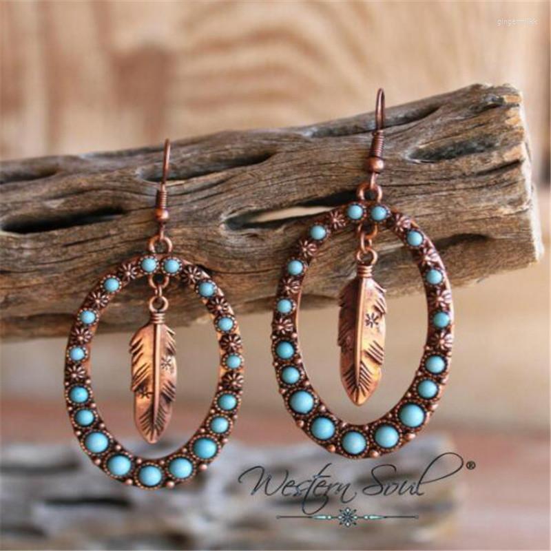 

Dangle Earrings Round Feather Drop Geometric Hook With Turquoise Lake Sky Bluestone Antique Gold & Silver Tone Jewelry Women Gift F9LH6