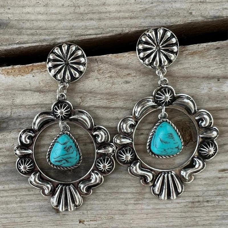

Dangle Earrings STATEMENT SQUASH BLOSSOM With Style Earring Cowgirl Turquoise Natural Crystal Blue Stone EAR01033