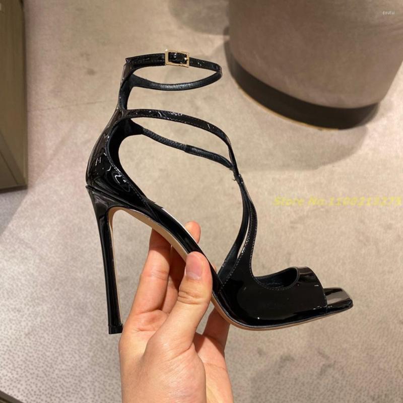 

Dress Shoes Fashion Patent Leather Peep Toe High Heel Pumps Ankle Buckle Strap Cross-Tied 2022 Spring Summer Party Causal Ladies, Picture shown