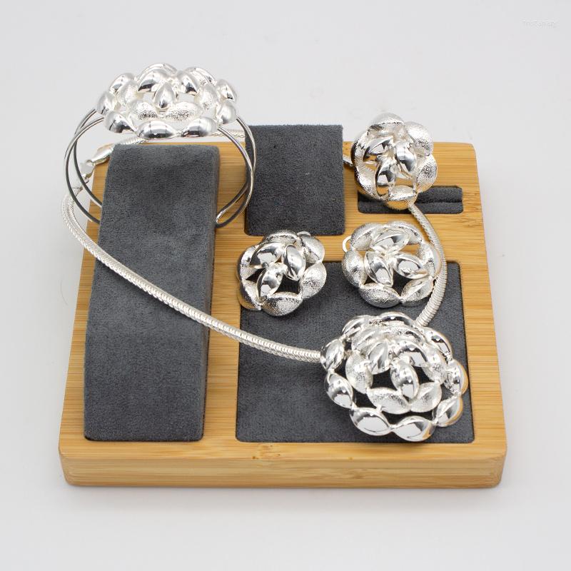 

Necklace Earrings Set Flower Pendant Copper Silver Color Bangle Rings For Women Bridal Wedding Party Anniversary Gifts, Picture shown