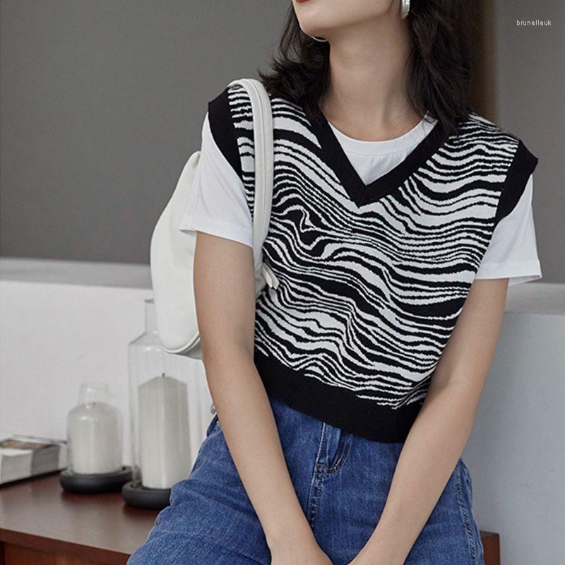 

Women's Sweaters Short Sweater Vest Women 2022 Spring Summer Korean Style Vintage Zebra Striped V Neck Sleeveless Pullover Knitted Tank Top, Black