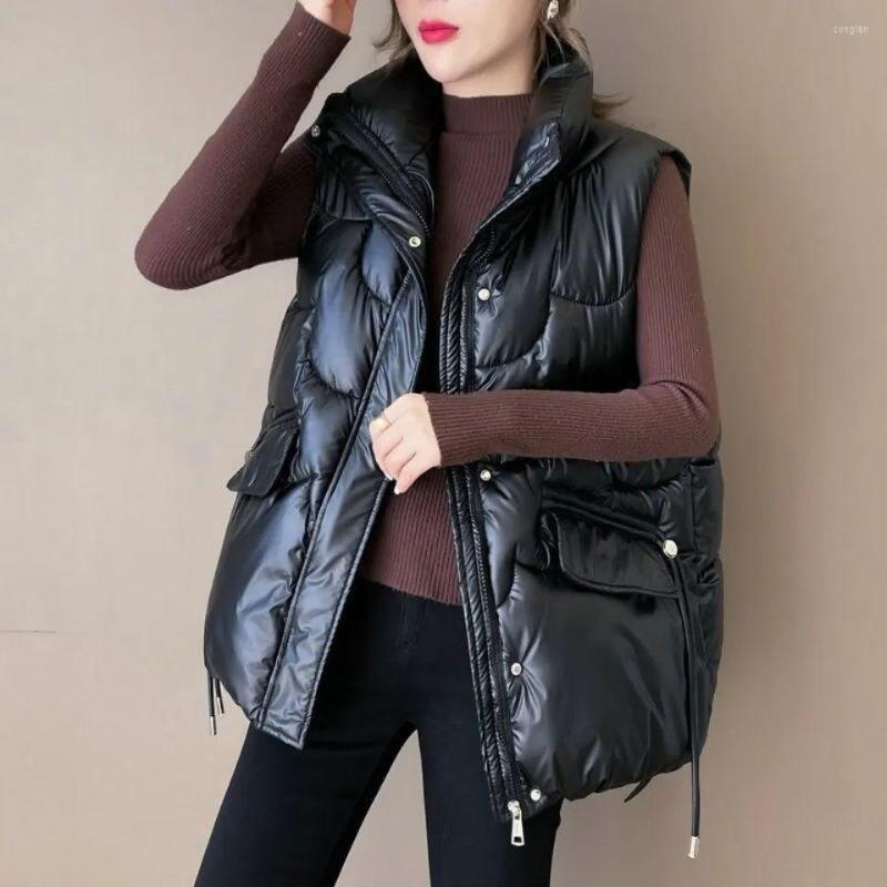 

Women's Vests Women Down Cotton Vest Autumn Winter Warmth Sleeveless Tops Cardigan Short Waistcoat Korean Fashion Big Pocket Plus Size Loose, Black