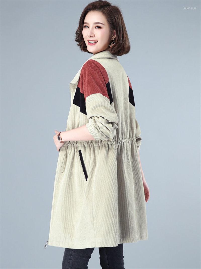 

Women's Trench Coats Corduroy Windbreaker Women's Mid-Length Spring Jacket 2022 Ladies Trend Hit Color Drawstring Zipper Coat ZH004, Beige