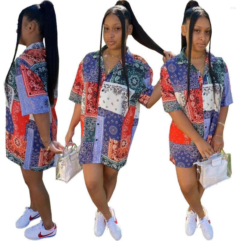 

Casual Dresses Summer Bandana Straight Shirt Dress Women Short Sleeve Button Up Mini Patchwork Fashion Print Clothes Streetwear, Multi