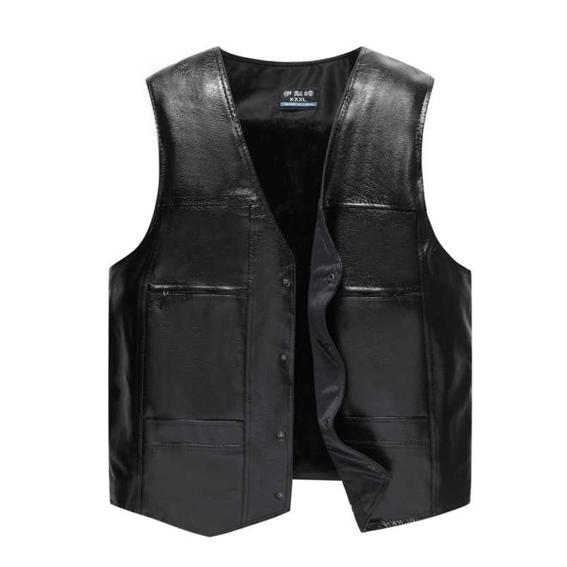 

Men's Vests HOO men's PU leather vest fashion v-neck warm vest 221010, Black