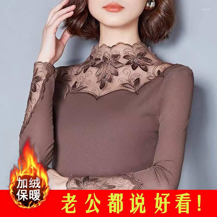 

Women's Blouses Blouse Women Autumn Winter Mesh Long Sleeve T-shirt Lace Top Gauze Clothes Blusas Mujer De Moda, Khaki