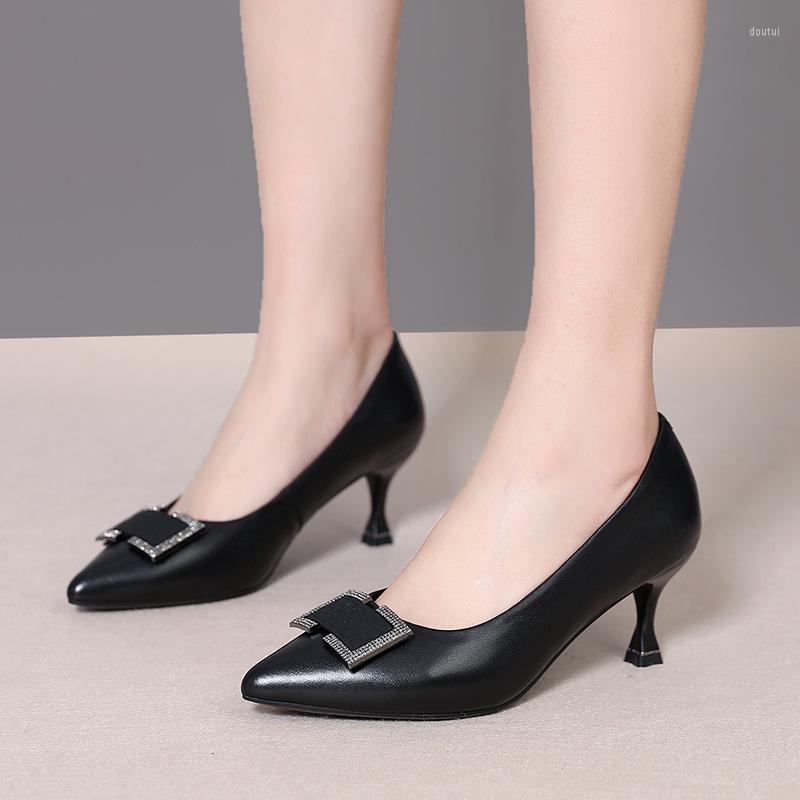 

Dress Shoes Brand Women Heels Ladies Pumps Genuine Leather Fashion Buckle Pointed Toe Party Handmade, Beige 03
