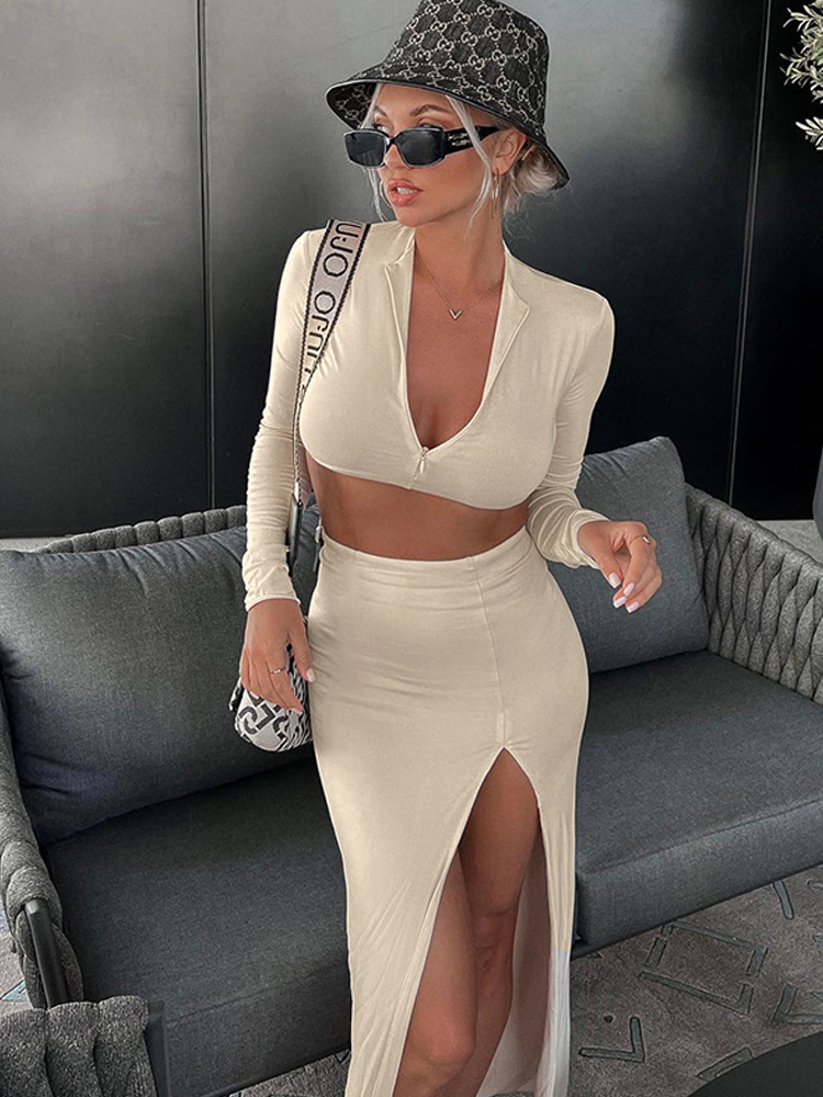 

Two Piece Dress Set Outfit Long Sleeve Crop Tops Tshirts Slit Skirts Suit Sexy Maxi 2Pcs Sets Autumn Party Club 221010, Apricot
