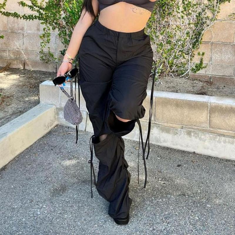 

Women' Pants Elastic Waistband High Waist Slant Pockets Side Drawstring Shirring Knee Hollow Women Trousers Oversized Straight Wide Leg, Black