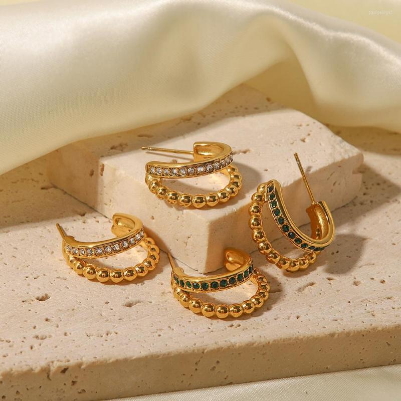 

Hoop Earrings Uworld Stainless Steel Two Layer Beads C Shape Small Zircon Fashion Cubic Zirconia Golden For Women Party Gift
