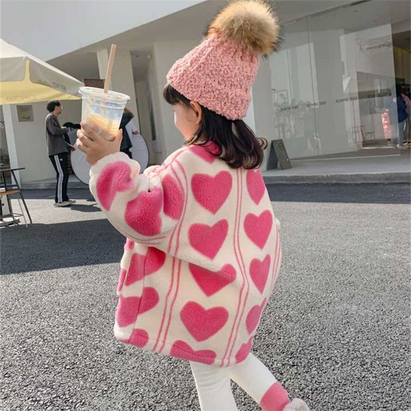 

Jackets Girls Fleece Jacket Coat Cute Heart Pattern Warm Children Outerwear Sweatshirt Winter Fashion Kids Top Clothes 221010, Beige