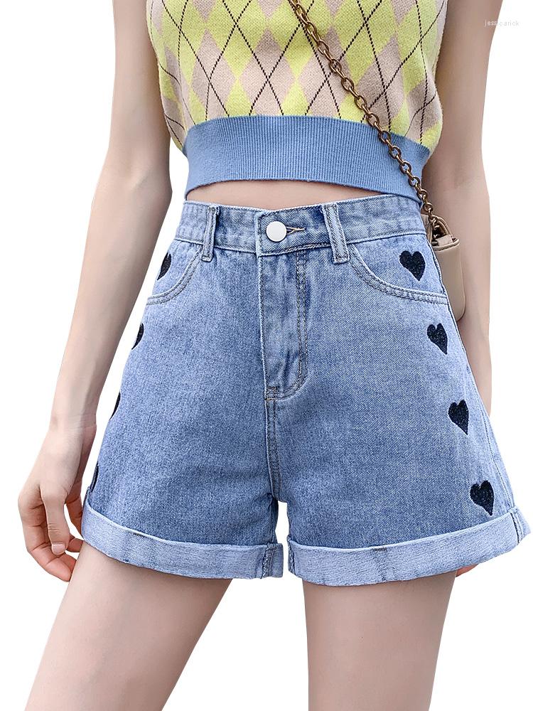 

Women' Shorts Love Embroidery Women' Denim Classic Vintage High Waist Roll Up Hem Wide Leg Casual Summer Ladies Short Jeans For Female, D1556 gray