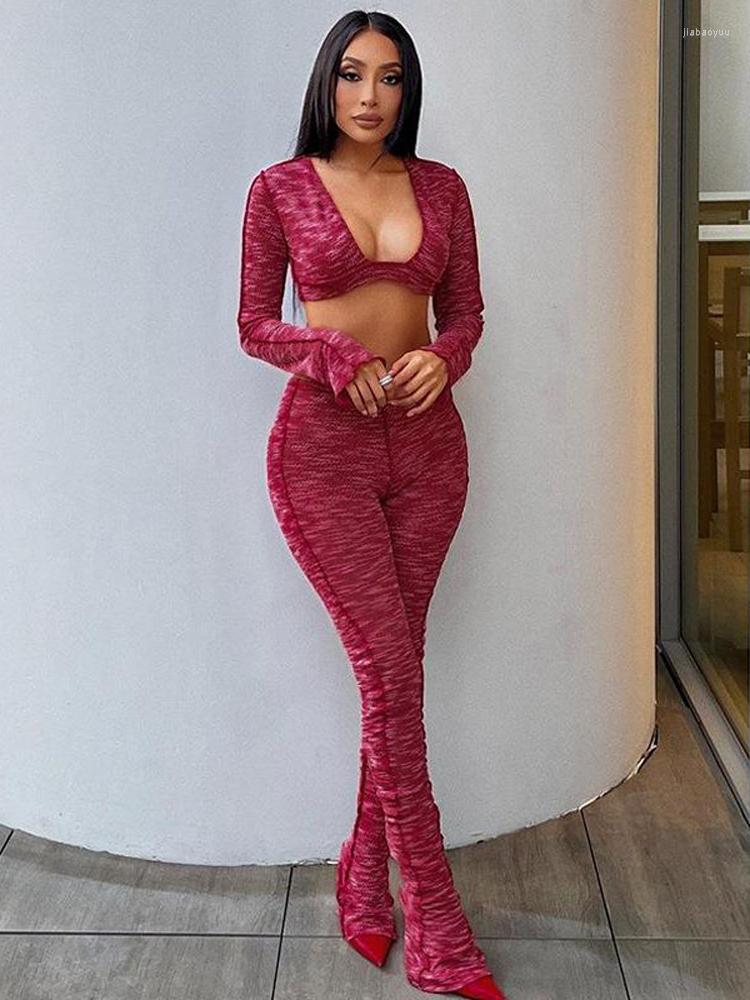 

Women' Two Piece Pants Set Women Solid Knitted Outfits Sexy Square Collar Long Sleeve Crop Top High Waist Pencil Spring Fall Joggers, Red