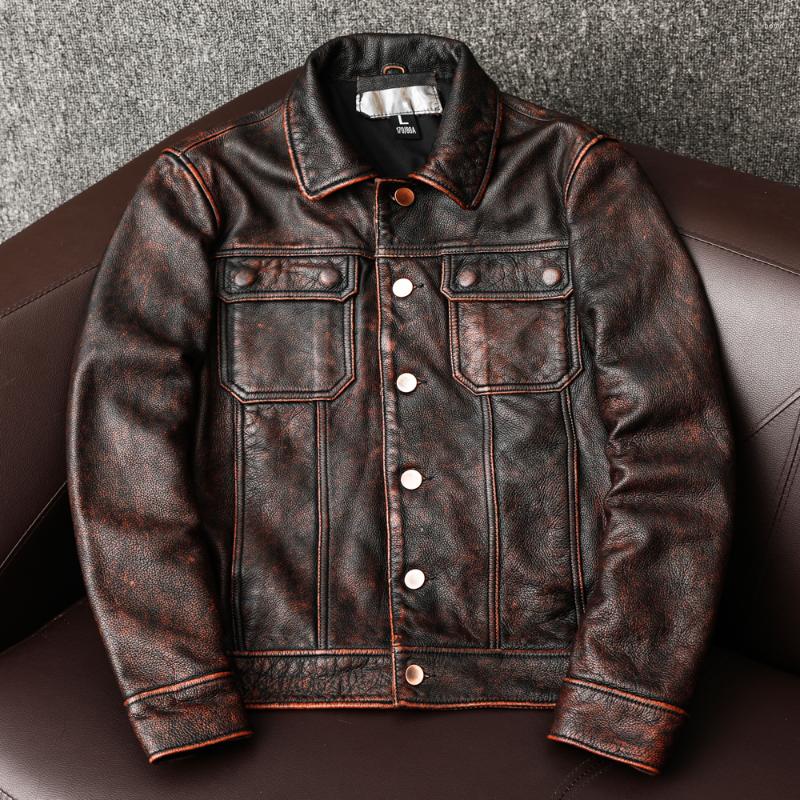

Men' Jackets Vintage Brown First Layer Cow Skin Leather Jacket Redo Casual Style Real For Men