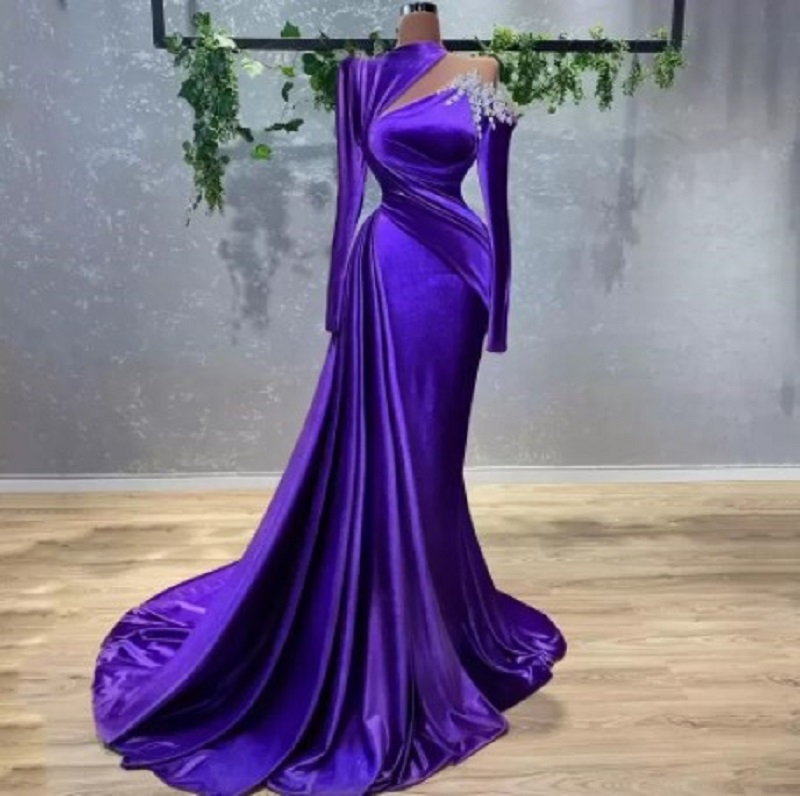 

New Sexy Mermaid Purple Evening Dresses With Beaded Crystals Long Sleeve Velvet Satin Party Occasion Gowns Pleats Ruffles Prom Dress Wears wly935, Brown