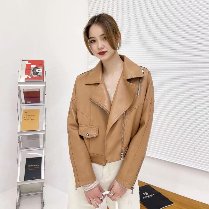 

Women' Leather 2022 Brand Autumn Women Faux Jacket Casual Loose Soft Pu Motorcycle Punk Coat Female Zipper Brown Outerwear, Yll2108 brown