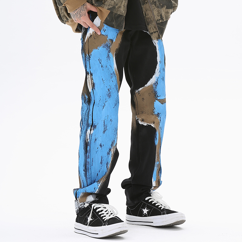 

Hip Hop Straight Blue Painted Men's Jeans Pants Patchwork Pockets Casual Baggy Unisex Denim Trousers