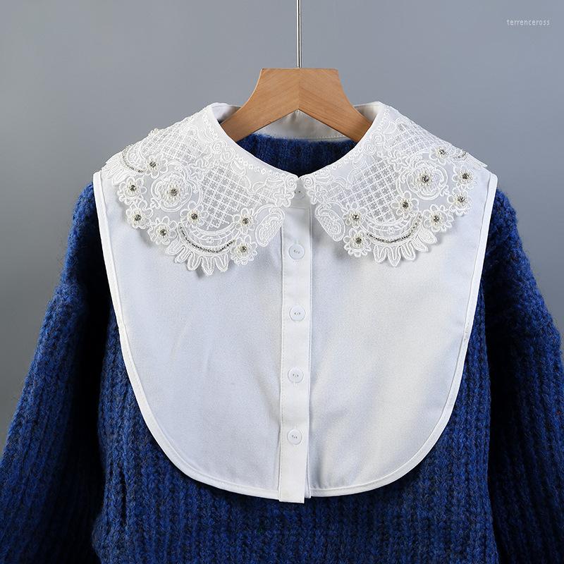 

Bow Ties Women Peter Pan Neck Shirt Chiffon Cotton Fake Collar Tie Hollow Out Lace Flower Lapel Floral False Detachable Blouse Top