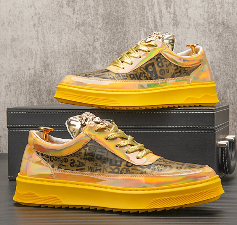 

Fashion Couple Shoes Graffiti Printed Glitter Shoes Sneakers Men Classic Shell Toe Shiny Golden Flats Shoes Casual