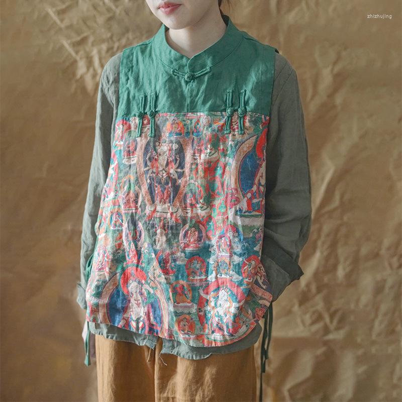 

Women's Vests Johnature Women Linen Double Vest Stand Sleeveless Print Floral Belt Button Clothing 2022 Autumn Chinese Style Vintage, Green