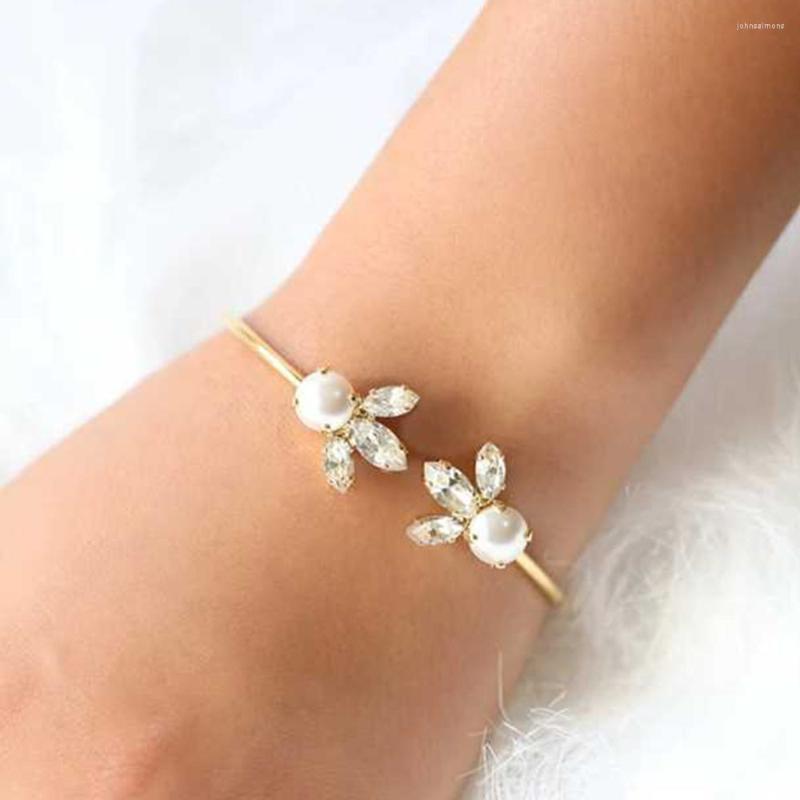 

Bangle Stonefans Baroque Pearl Rhinestone Adjustable Open Bracelet Delicate Zircon Leaf Cuff For Bridal Wedding Jewelry