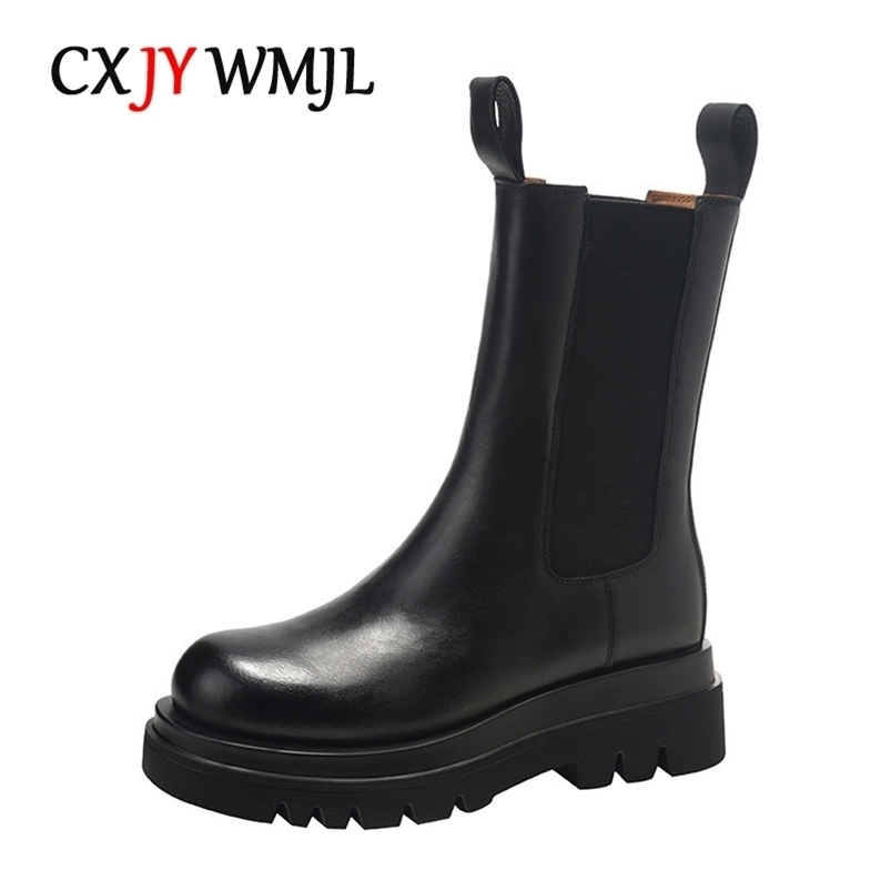 

Boots CXJYWMJL Plus Size Genuine Leather Women Ankle Elastic Band Chelsea Chimney Ladies Autumn Booties Winter Warm Shoes 221010, Black 22cm