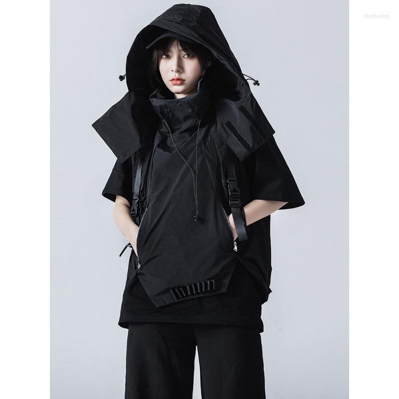 

Women' Vests Huitian Industrial Country Fashion Brand Dark Mechanical Style Hip Hop Hooded Tactical Vest Coat Men' And Women, Black