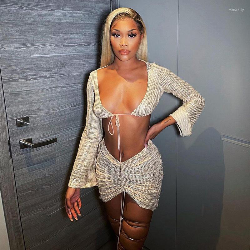 

Work Dresses A&BHelenss Summer Vacation Crop Top Mini Skirt Suit Clothing Sexy Night Club Outfits For Women Sequin Two Piece Set, Khaki