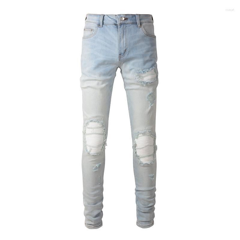 

Men's Jeans Men Pale Light Blue Biker Cracked Pleated Patch Patchwork Stretch Denim Pants Streetwear Holes Ripped Skinny Trousers