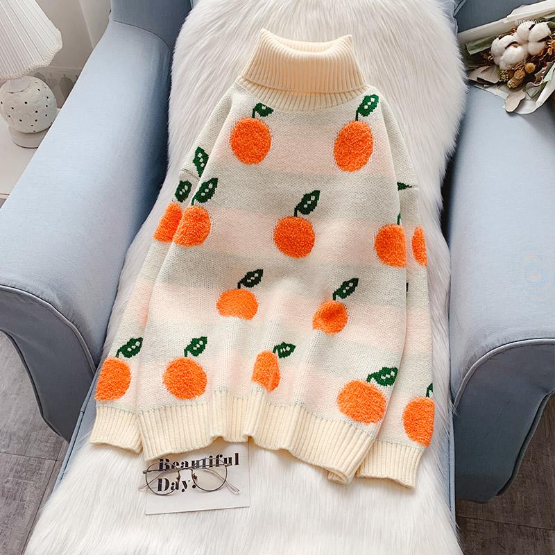 

Women's Sweaters SONG YI Loose Turtleneck Sweater Women's Pullover Japanese Style Sweet Knit Top Autumn And Winter Orange Printed A0207, Turtleneck navy