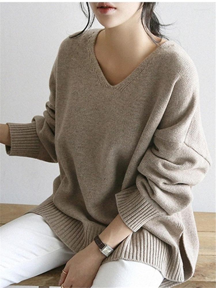

Women's Sweaters Autumn Winter Solid Casual Loose Women Knitted Pullover Sweater 2022 Long Sleeve V-Neck Side Split Female Chic Tops, Khaki