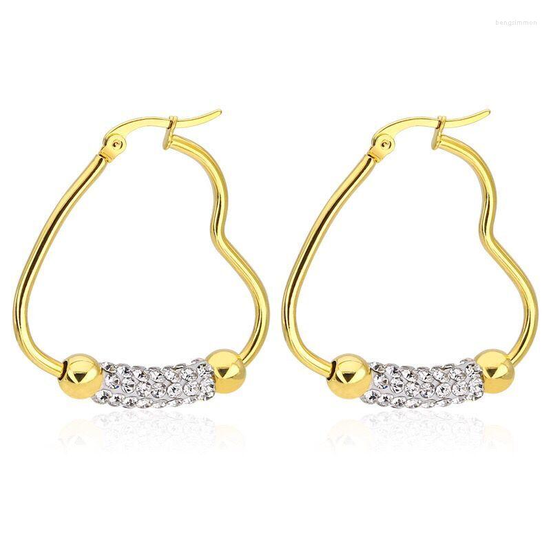 

Hoop Earrings Wholesale Jewelry -- 316L Titanium Steel Crystal Heart Circle For Women Yellow Gold Color