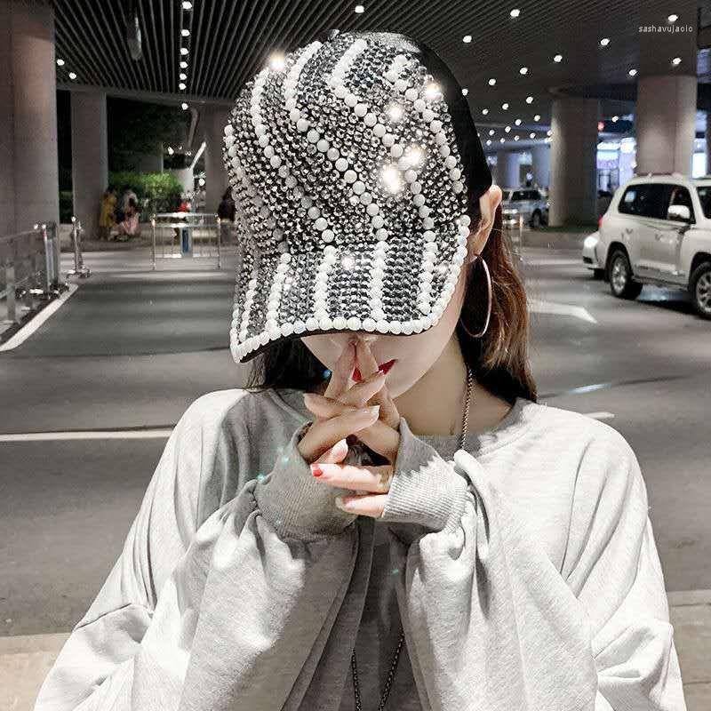 

Ball Caps 2022 Rhinestones Luxury Pearl Sequins Baseball Cap For Women Summer Cotton Hat Girls Snapback Hip Hop Gorras Casquette Bones, White