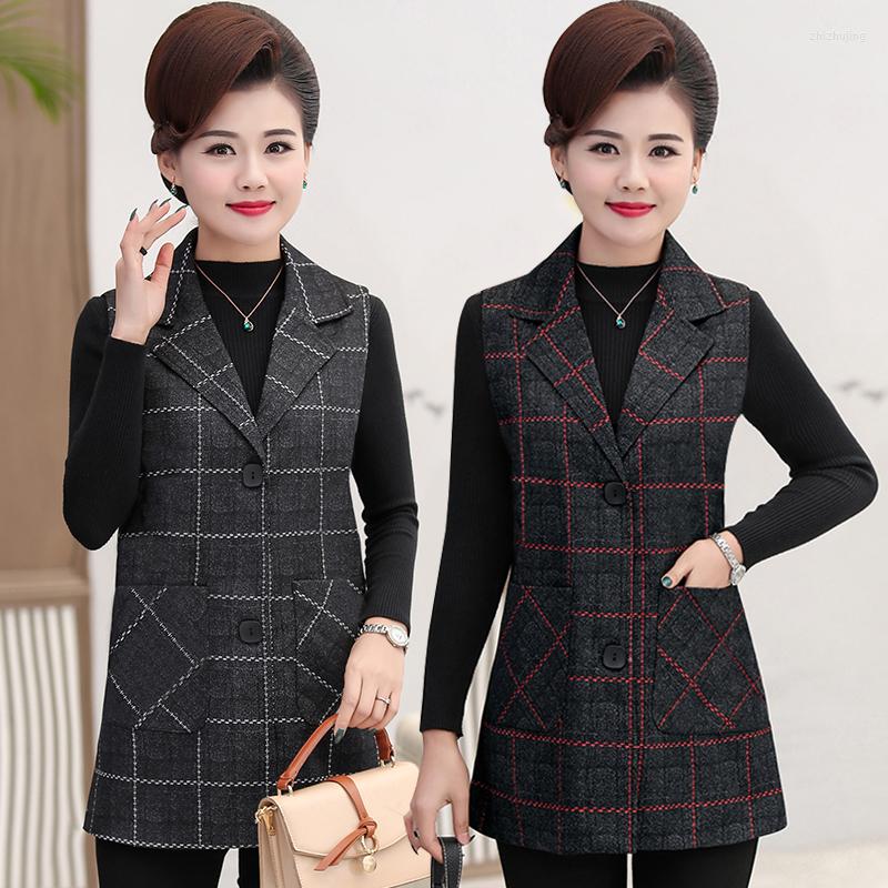 

Women's Vests Women Retro Plaid Vest Waistcoat 2022 Spring Autumn Pockets Long Sleeveless Jacket Outerwear Female Office Tops, Red