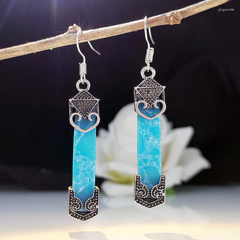 

Dangle Earrings 2022 Ocean Sea Blue Stone Cylinder Drop Earring Bohemian Retro Carved Design Fashion High Quality