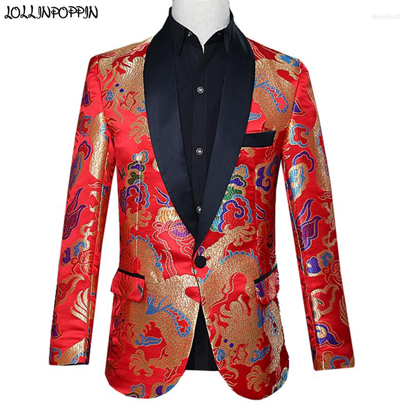 

Men's Suits Traditional Chinese Style Mens Wedding Suit Jacket Shawl Collar Colorful Dragon Printed Single Button Red Jackets