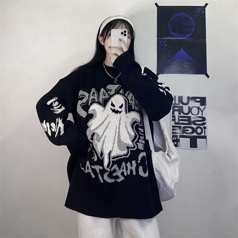 

Women' Sweaters Korean Version Of 2022 Halloween Sweater Oversized Fashion Casual Warm Pullover Horror Cartoon Print Vintage Knitted O-neck, Black01