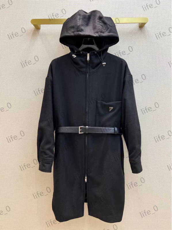 

Designer Trench Coats Womens Wool Hooded Trench Jacket Classic Triangle Logo Ornament Metal Leather Belt Outerwears Design Trench Coat Women 1970
