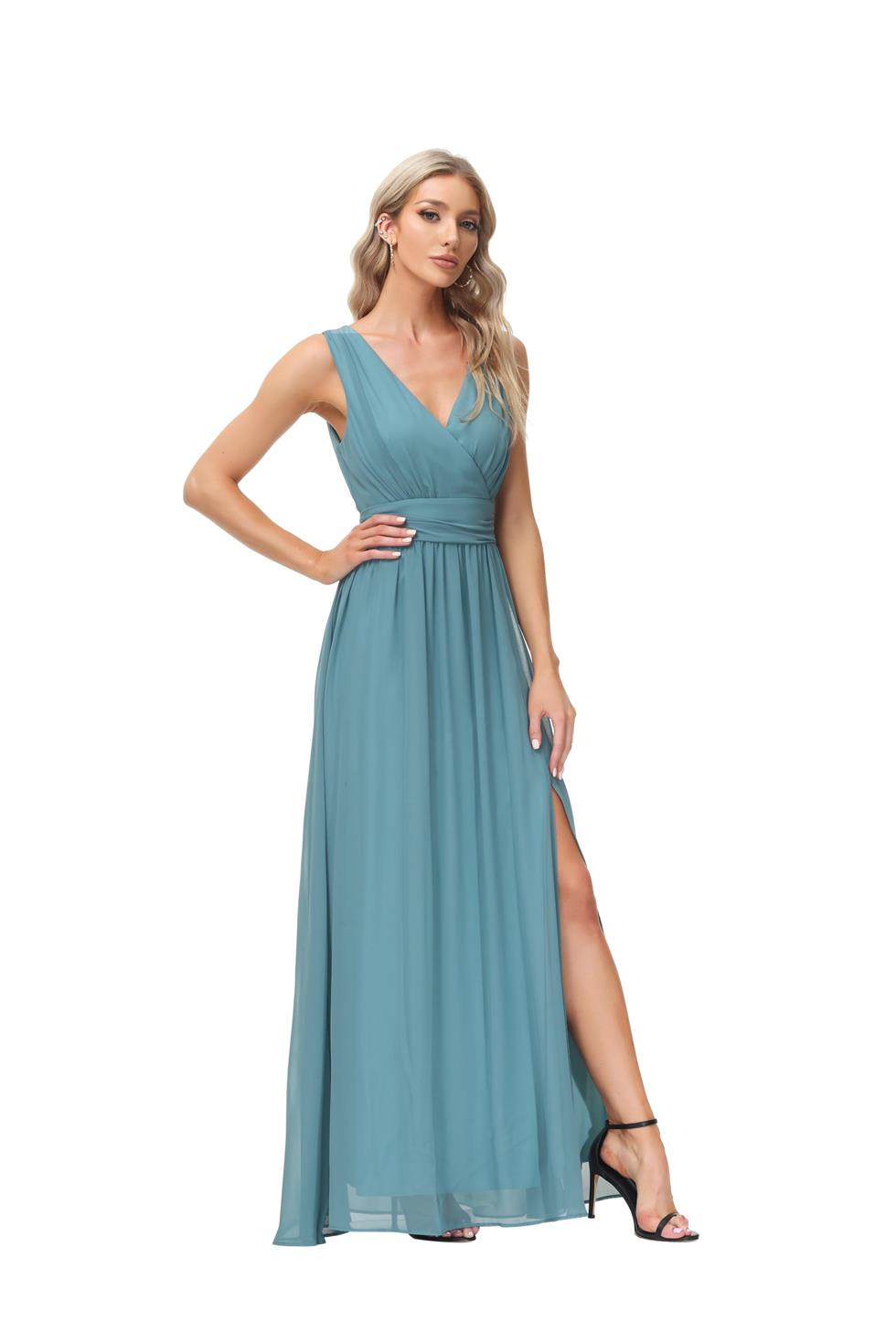 

Chiffon Long Dress Double V-neck Sleeveless A Swing Evening Split Elastic Waist Prom party TW00049, Same as picture