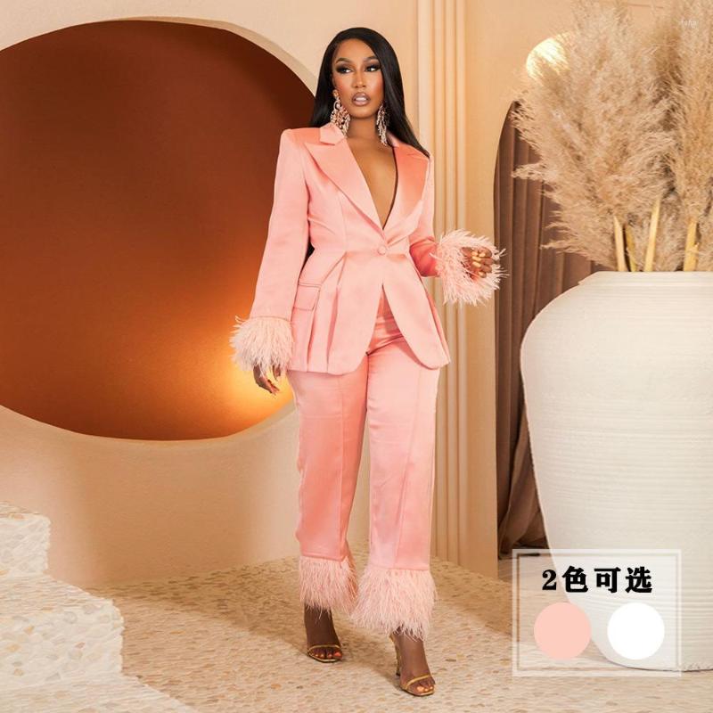 

Women' Two Piece Pants Echoine Feather Fur Patchwork Blazer Suit Set Fashion OL Office Pink Outfits Street Clubwear Clothes, Ivory