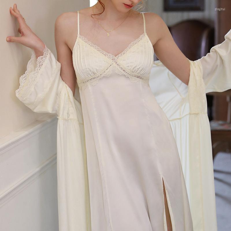 

Women' Sleepwear Women' Female Sexy Nightdress Suspender Two-piece Suit Home Clothes Solid Color High-grade Ice Silk Pajamas Night, Creamy-white