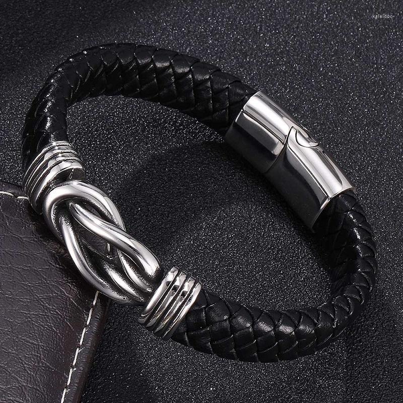 

Charm Bracelets Personality Black Leather Braided Bracelet Men Stainless Steel Magnetic Buckle Fashion Jewelry Male Wrist Band